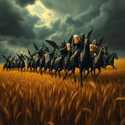 A group of grasshopper demons riding through vast fields of barley, stopping to drink beer and engage in a great celebration with Odin and seductive women