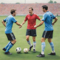 Recreate the energetic scene of footballers arguing with referees on a pristine soccer field as a vibrant pencil color sketch.