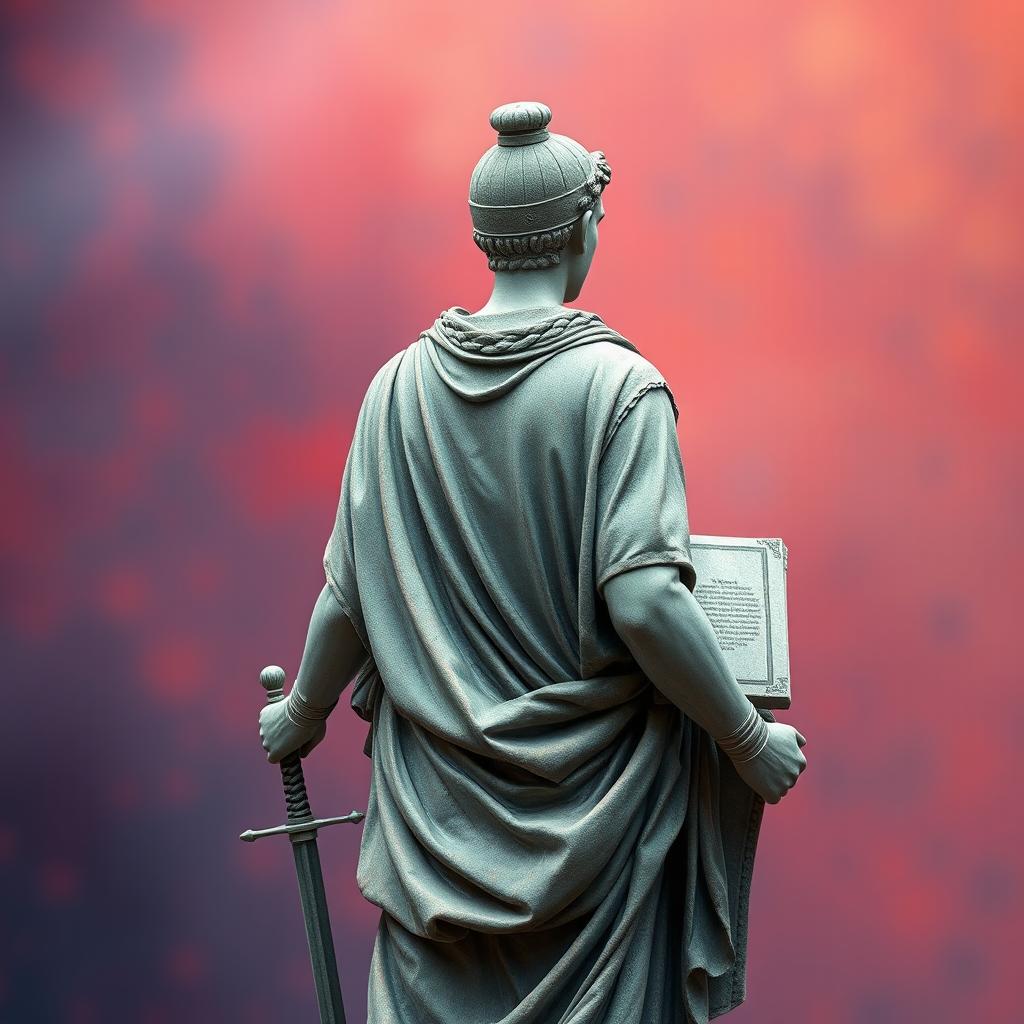 Create an image featuring a statue-like teenage character from the Yunan or Roman era, seen from behind