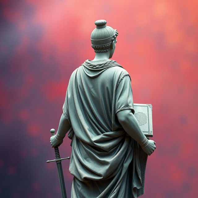 Create an image featuring a statue-like teenage character from the Yunan or Roman era, seen from behind