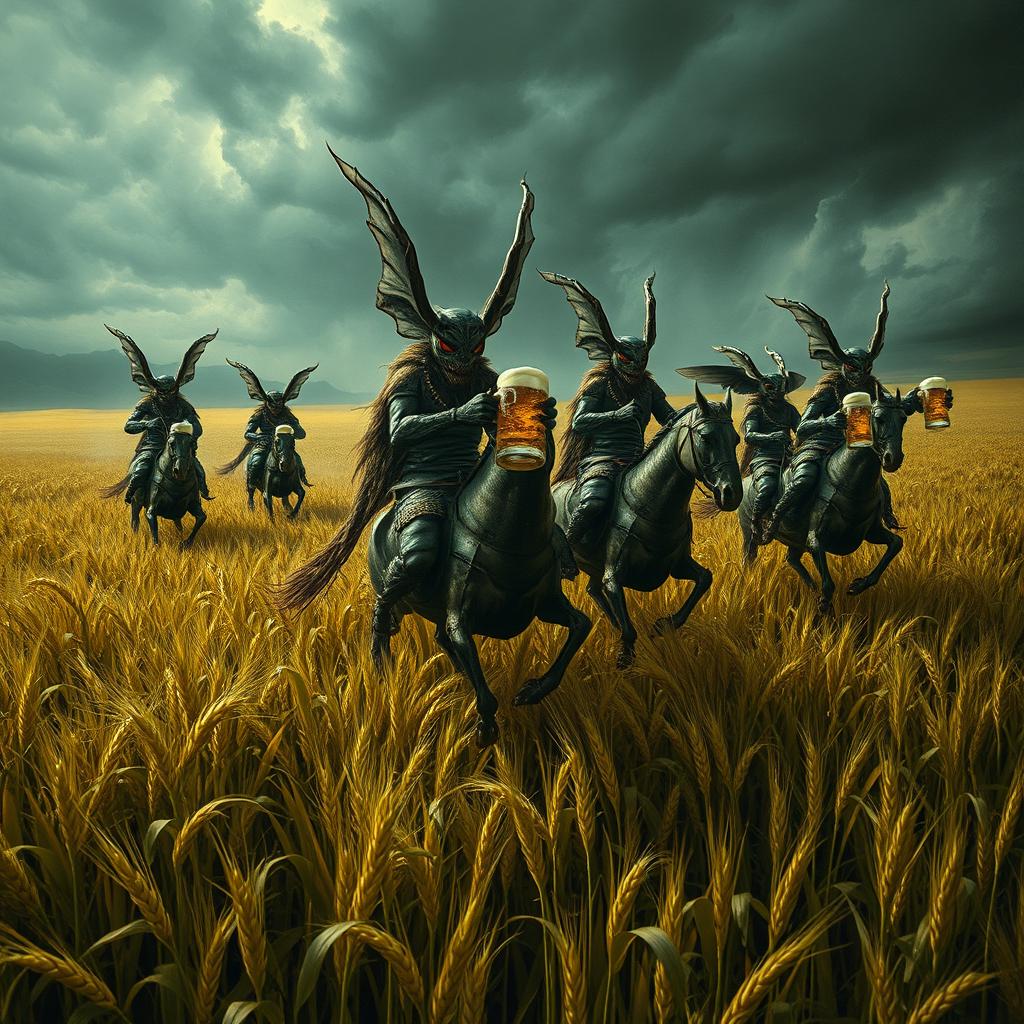 A group of grasshopper demons riding through vast fields of barley amidst a storm, stopping to drink beer and engage in a great celebration with Odin and seductive women