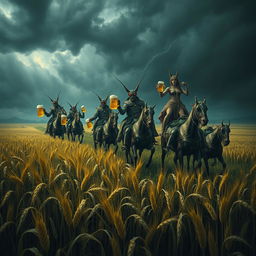 A group of grasshopper demons riding through vast fields of barley amidst a storm, stopping to drink beer and engage in a great celebration with Odin and seductive women