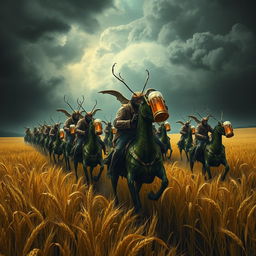 A group of grasshopper demons riding through vast fields of barley amidst a storm, stopping to drink beer and engage in a great celebration with Odin and seductive women