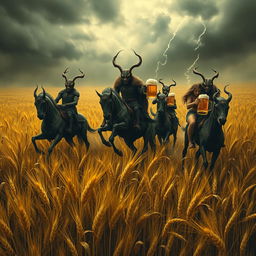 A group of grasshopper demons riding through vast fields of barley amidst a storm, stopping to drink beer and engage in a great celebration with Odin and seductive women