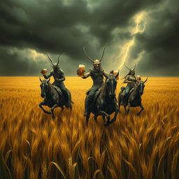 Grasshopper demons ride through vast fields of barley into a storm, stopping to drink beer and engage in a great celebration with Odin and seductive women