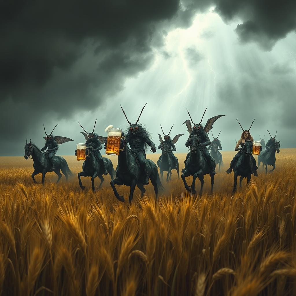 Grasshopper demons ride through vast fields of barley into a storm, stopping to drink beer and engage in a great celebration with Odin and seductive women