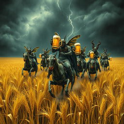 Grasshopper demons ride through vast fields of barley into a storm, stopping to drink beer and engage in a great celebration with Odin and seductive women