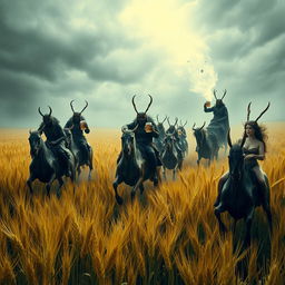 Grasshopper demons ride through vast fields of barley into a storm, stopping to drink beer and engage in a great celebration with Odin and seductive women