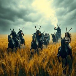 Grasshopper demons ride through vast fields of barley into a storm, stopping to drink beer and engage in a great celebration with Odin and seductive women