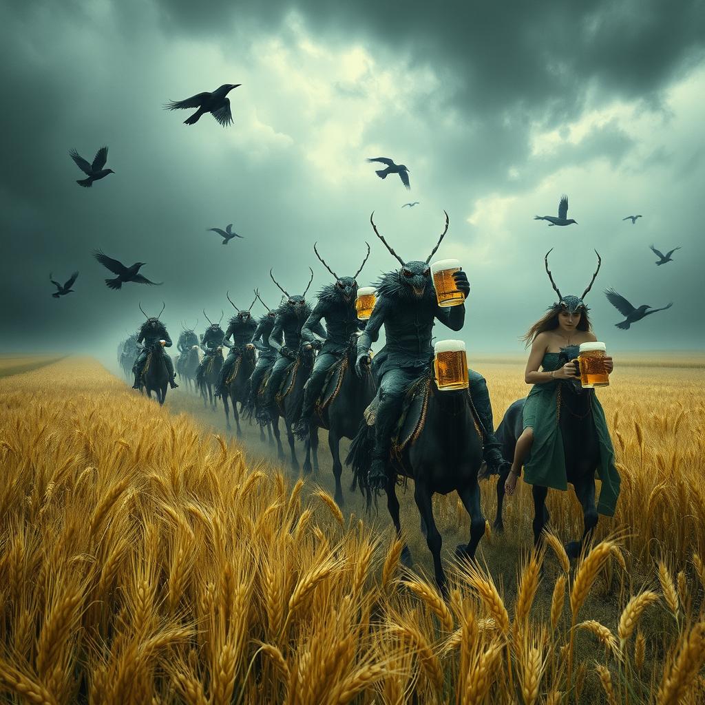 Grasshopper demons ride through vast fields of barley into a storm, accompanied by crows, stopping to drink beer and engage in a great celebration with Odin and seductive women with voluptuous figures