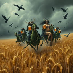 Grasshopper demons ride through vast fields of barley into a storm, accompanied by crows, stopping to drink beer and engage in a great celebration with Odin and seductive women with voluptuous figures