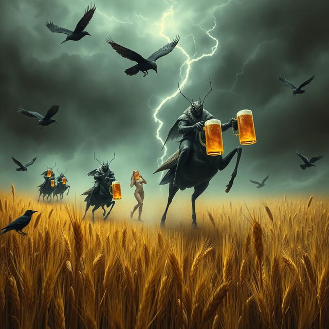 Grasshopper demons ride through vast fields of barley into a storm, accompanied by crows, stopping to drink beer and engage in a great celebration with Odin and seductive women with voluptuous figures