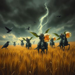 Grasshopper demons ride through vast fields of barley into a storm, accompanied by crows, stopping to drink beer and engage in a great celebration with Odin and seductive women with voluptuous figures