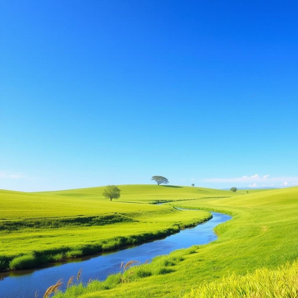 Generate an image of a serene landscape with a clear blue sky, lush green fields, and a gentle river flowing through it