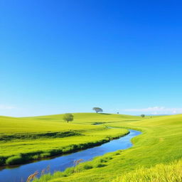 Generate an image of a serene landscape with a clear blue sky, lush green fields, and a gentle river flowing through it