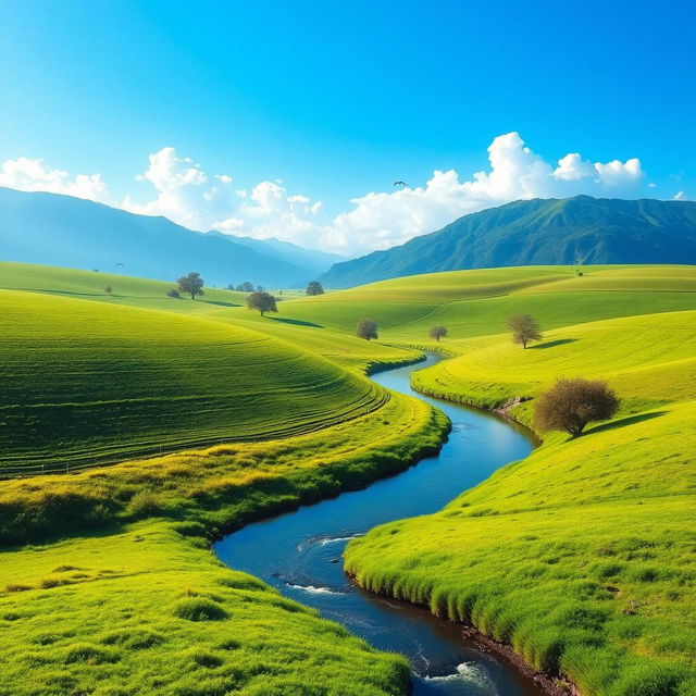 Generate an image of a serene landscape with a clear blue sky, lush green fields, and a gentle river flowing through it