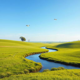 Generate an image of a serene landscape with a clear blue sky, lush green fields, and a gentle river flowing through it