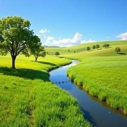 Generate an image of a serene landscape with a clear blue sky, lush green fields, and a gentle river flowing through it