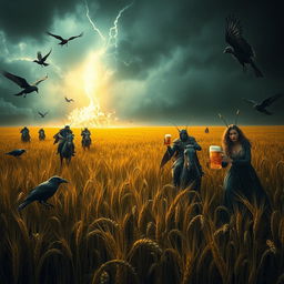 Grasshopper demons ride through vast fields of barley into a storm, accompanied by crows, stopping to drink beer and engage in a great celebration with Odin and beautiful, seductive women