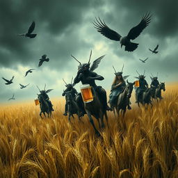 Grasshopper demons ride through vast fields of barley into a storm, accompanied by crows, stopping to drink beer and engage in a great celebration with Odin and beautiful, seductive women