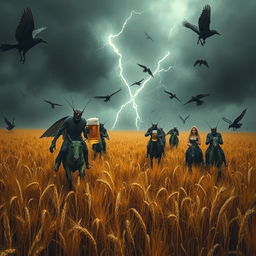 Grasshopper demons ride through vast fields of barley into a storm, accompanied by crows, stopping to drink beer and engage in a great celebration with Odin and beautiful, seductive women