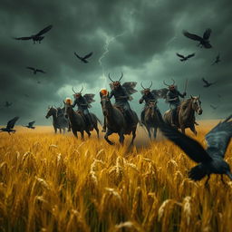 Grasshopper demons ride through vast fields of barley into a storm, accompanied by crows, stopping to drink beer and engage in a great celebration with Odin and beautiful, seductive women