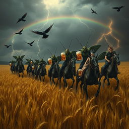 A group of grasshopper demons riding through vast fields of barley into a storm, with rainbows, thunder, and crows