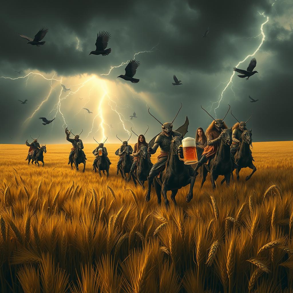 A group of grasshopper demons riding through vast fields of barley into a storm, with rainbows, thunder, and crows