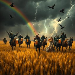 A group of grasshopper demons riding through vast fields of barley into a storm, with rainbows, thunder, and crows