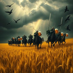 A group of grasshopper demons riding through vast fields of barley into a storm, with rainbows, thunder, and crows