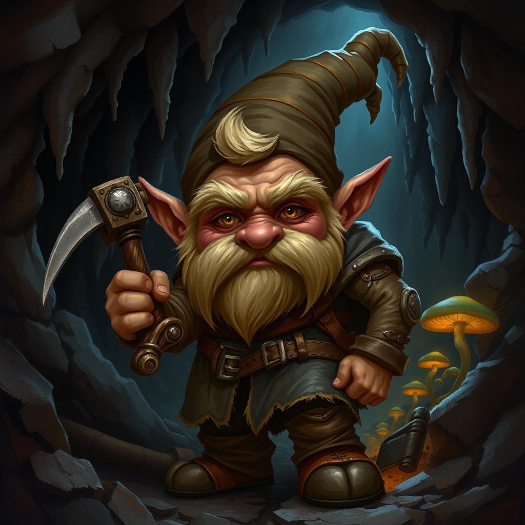 A detailed and realistic depiction of a Svirfneblin, also known as a deep gnome, in a dark, underground cavern