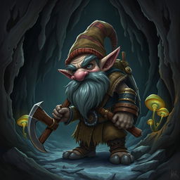 A detailed and realistic depiction of a Svirfneblin, also known as a deep gnome, in a dark, underground cavern