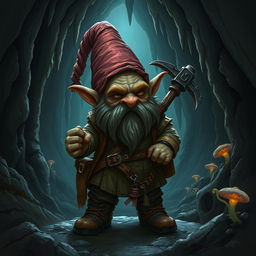 A detailed and realistic depiction of a Svirfneblin, also known as a deep gnome, in a dark, underground cavern