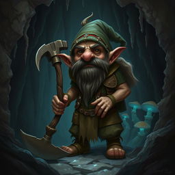 A detailed and realistic depiction of a Svirfneblin, also known as a deep gnome, in a dark, underground cavern