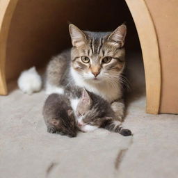 The mother cat feeding her kittens in the comfort of their warm and cozy home