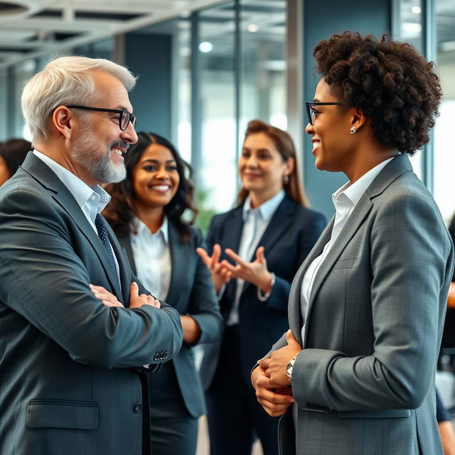 Create a realistic photo of people interacting and communicating in a business environment