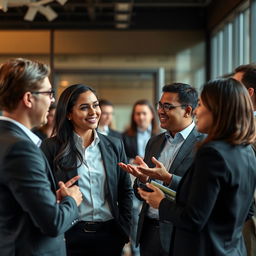 Create a realistic photo of people interacting and communicating in a business environment