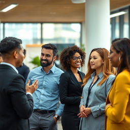 Create a realistic photo of people interacting and communicating in a business environment