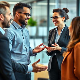 Create a realistic photo of people interacting and communicating in a business environment