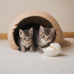 The mother cat feeding her kittens in the comfort of their warm and cozy home