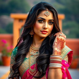 A beautiful Indian woman wearing traditional attire, with intricate jewelry and henna designs on her hands