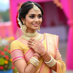 A beautiful Indian woman wearing traditional attire, with intricate jewelry and henna designs on her hands