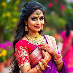 A beautiful Indian woman wearing traditional attire, with intricate jewelry and henna designs on her hands