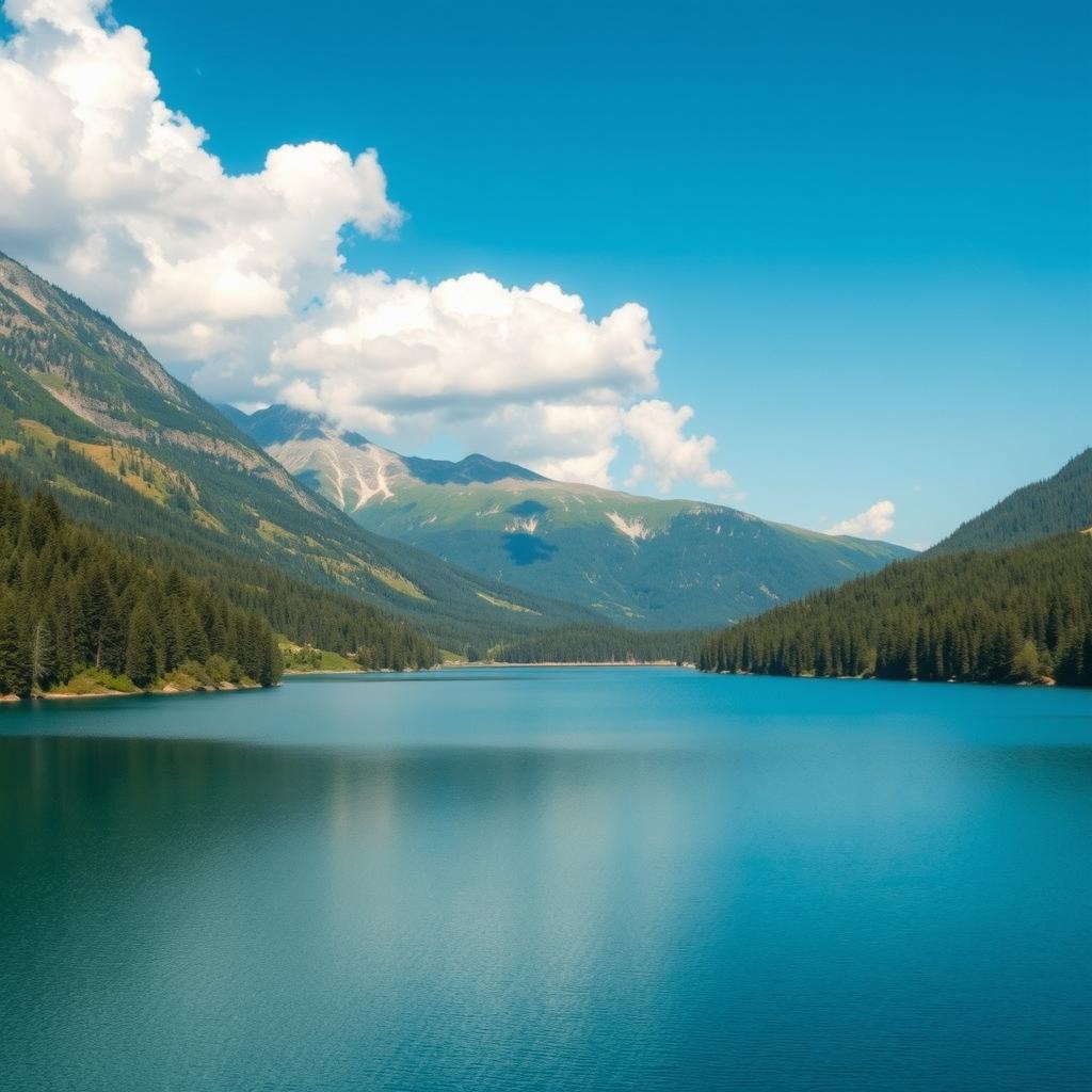 Generate a beautiful landscape featuring a serene lake surrounded by lush green forests and mountains in the background