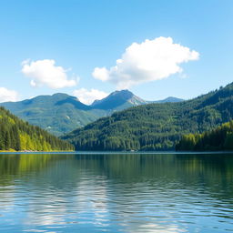 Generate a beautiful landscape featuring a serene lake surrounded by lush green forests and mountains in the background