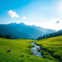 A serene landscape featuring a beautiful mountain range with a clear blue sky, lush green meadows, and a sparkling river flowing through