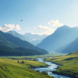 A serene landscape featuring a beautiful mountain range with a clear blue sky, lush green meadows, and a sparkling river flowing through