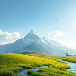 A serene landscape featuring a beautiful mountain range with a clear blue sky, lush green meadows, and a sparkling river flowing through