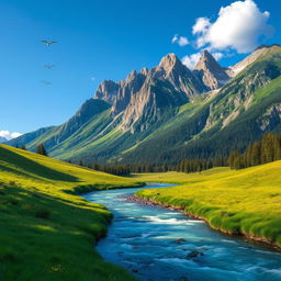 A serene landscape featuring a beautiful mountain range with a clear blue sky, lush green meadows, and a sparkling river flowing through