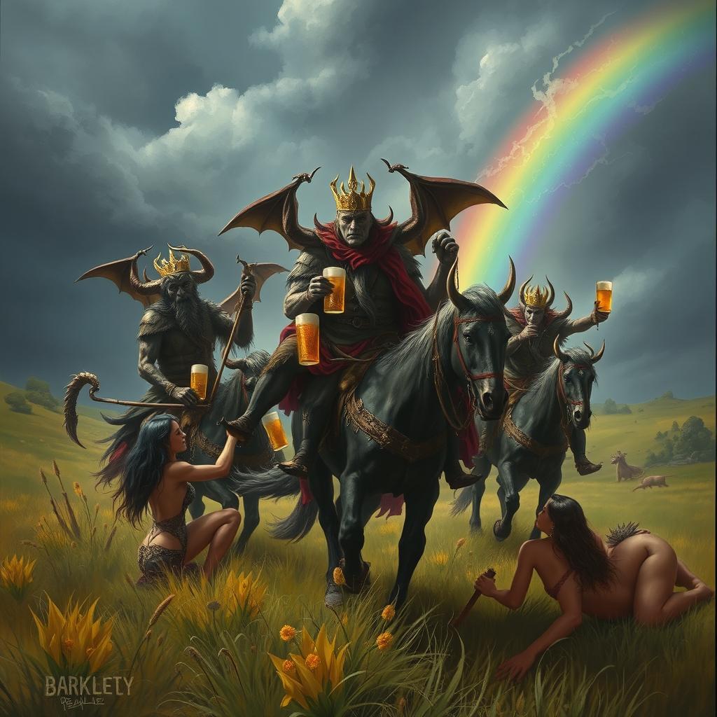 A fantastical scene featuring Grasshof demons riding in the fields of Barkley, heading into a storm with a rainbow in the background